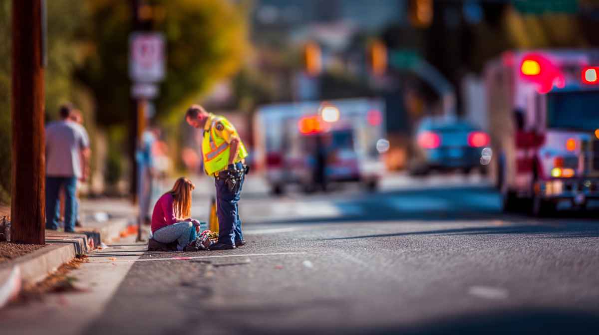 Emergency responder checking on a pedestrian after a street accident, with a stopped car and flashing lights in the background